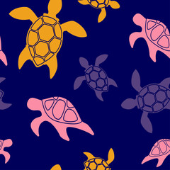 seamless pattern with bright colorful silhouettes of turtles on a dark blue background