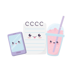 cute smartphone milkshake and notepad kawaii cartoon character