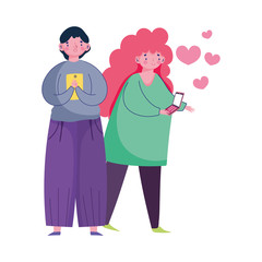people and smartphone, couple using mobile and woman love hearts cartoon