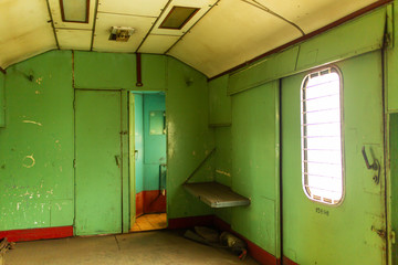 Interior of an old train carriage for transporting prisoners