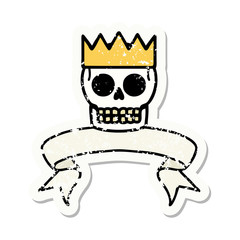 grunge sticker with banner of a skull and crown