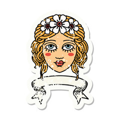 grunge sticker with banner of female face with crown of flowers