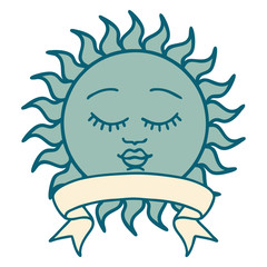 tattoo with banner of a sun with face
