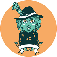 half orc bard with natural 20 dice roll icon