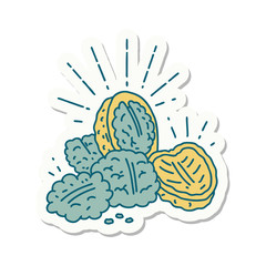 sticker of tattoo style walnuts with shell