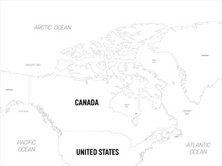 Canada map. High detailed political map Canada and neighboring countries with country, capital, ocean and sea names labeling