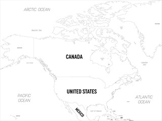 North America map. High detailed political map North American continent with country, capital, ocean and sea names labeling