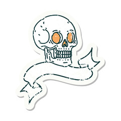 grunge sticker with banner of a skull