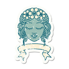 grunge sticker with banner of female face with eyes closed