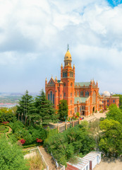 Obraz premium Aerial photos of Sheshan Catholic Church in Shanghai, China
