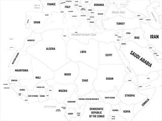 Northern Africa map. High detailed political map of northern african rgion with country, capital, ocean and sea names labeling