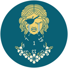 crying half orc rogue character with natural one D20 roll illustration