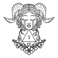 crying tiefling with natural one D20 dice roll illustration
