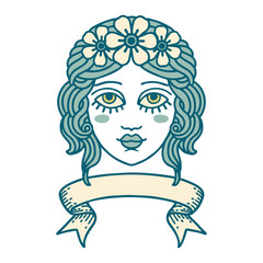 tattoo with banner of female face with crown of flowers