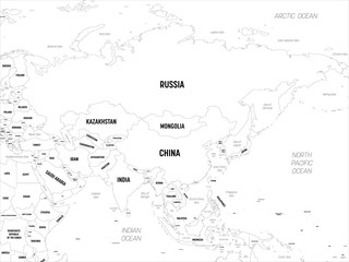 Asia. High detailed political map of asian continent with country, capital, ocean and sea names labeling