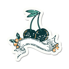 grunge sticker with banner of cherries