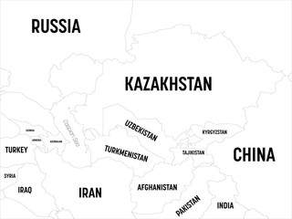 Central Asia map. High detailed political map of central asian region with country, capital, ocean and sea names labeling