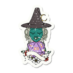 half orc witch character with natural twenty dice roll illustration