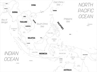 Southeast Asia map. High detailed political map of southeastern region with country, capital, ocean and sea names labeling