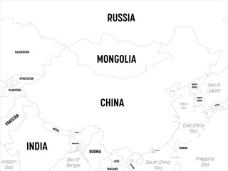 China map. High detailed political map of China and neighboring countries with country, capital, ocean and sea names labeling