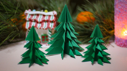 Christmas Decorations. House In The Forest Of Paper Christmas Trees
