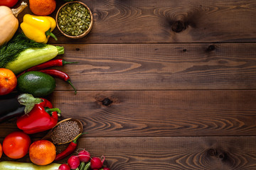 A Variety Of Vegetables Arranged On Wooden Background.