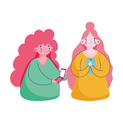 people and smartphone, young women chatting using mobile gadgets