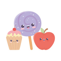 cute apple candy in stick and cupcake kawaii cartoon character