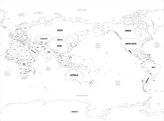 World map - Asia, Australia and Pacific Ocean centered. High detailed political map of World with country, capital, ocean and sea names labeling