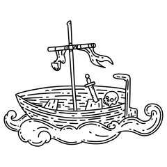 traditional black line work tattoo style empty boat with skull