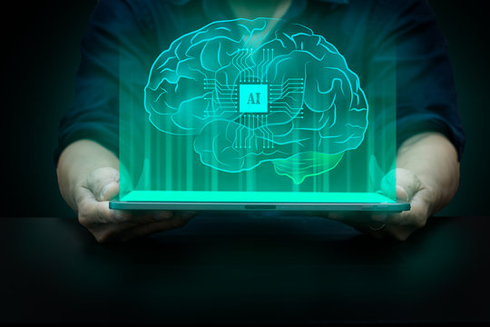Artificial intelligence concept, glowing AI cpu putting in human brain showing on tablet