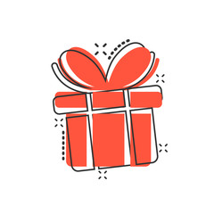 Gift box icon in comic style. Present package cartoon vector illustration on white isolated background. Surprise splash effect business concept.