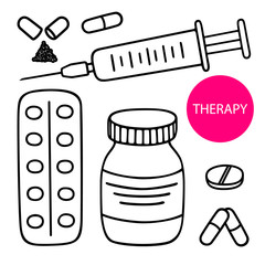 Vector set hand-drawn icon syringe injection, medical container, round pill, capsules and pills blister pack with black stroke isolated on white background. Doodle logo of medical tablet and vitamin.