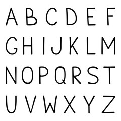 Vector elementary unique hand-drawn lettering font. Black letters on white background. ABC, english doodle alphabet.