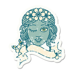 grunge sticker with banner of a maidens face winking