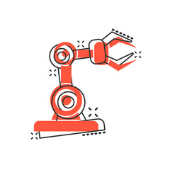 Robot arm icon in comic style. Mechanic manipulator cartoon vector illustration on white isolated background. Machine splash effect business concept.