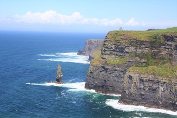 beautiful coast with blue sky and clouds in ireland at cliffs of moher in ireland