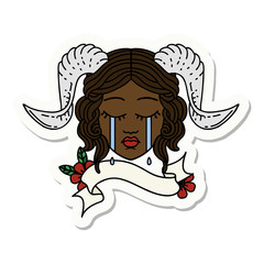 crying tiefling character face with scroll banner sticker