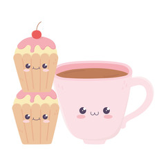 cute coffee cup and cupcakes kawaii cartoon character