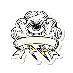 grunge sticker with banner of an all seeing eye cloud