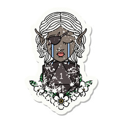 crying elf rogue character face with natural one D20 roll illustration