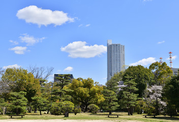 庭園とビルと青空