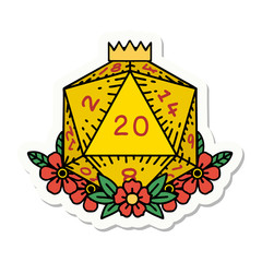 natural 20 D20 dice roll with floral elements sticker