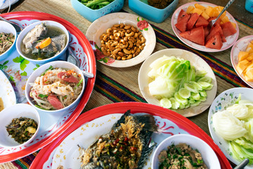 Thai food set, consisting of vegetables, fruits and desserts