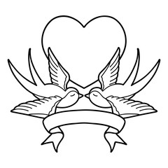 black linework tattoo with banner of a swallows and a heart