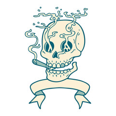 tattoo with banner of a skull smoking