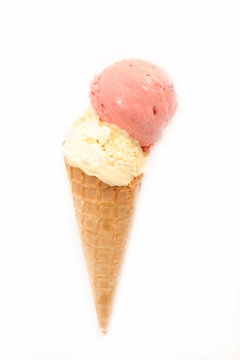 vannilla and strawberry ice cream in cone on white background