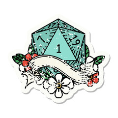 natural one d20 dice roll grunge sticker