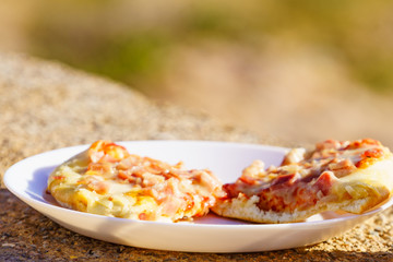 Pizza slices on plate, outdoors