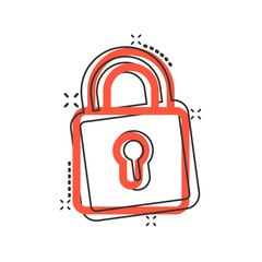 Padlock icon in comic style. Lock cartoon vector illustration on white isolated background. Private splash effect business concept.